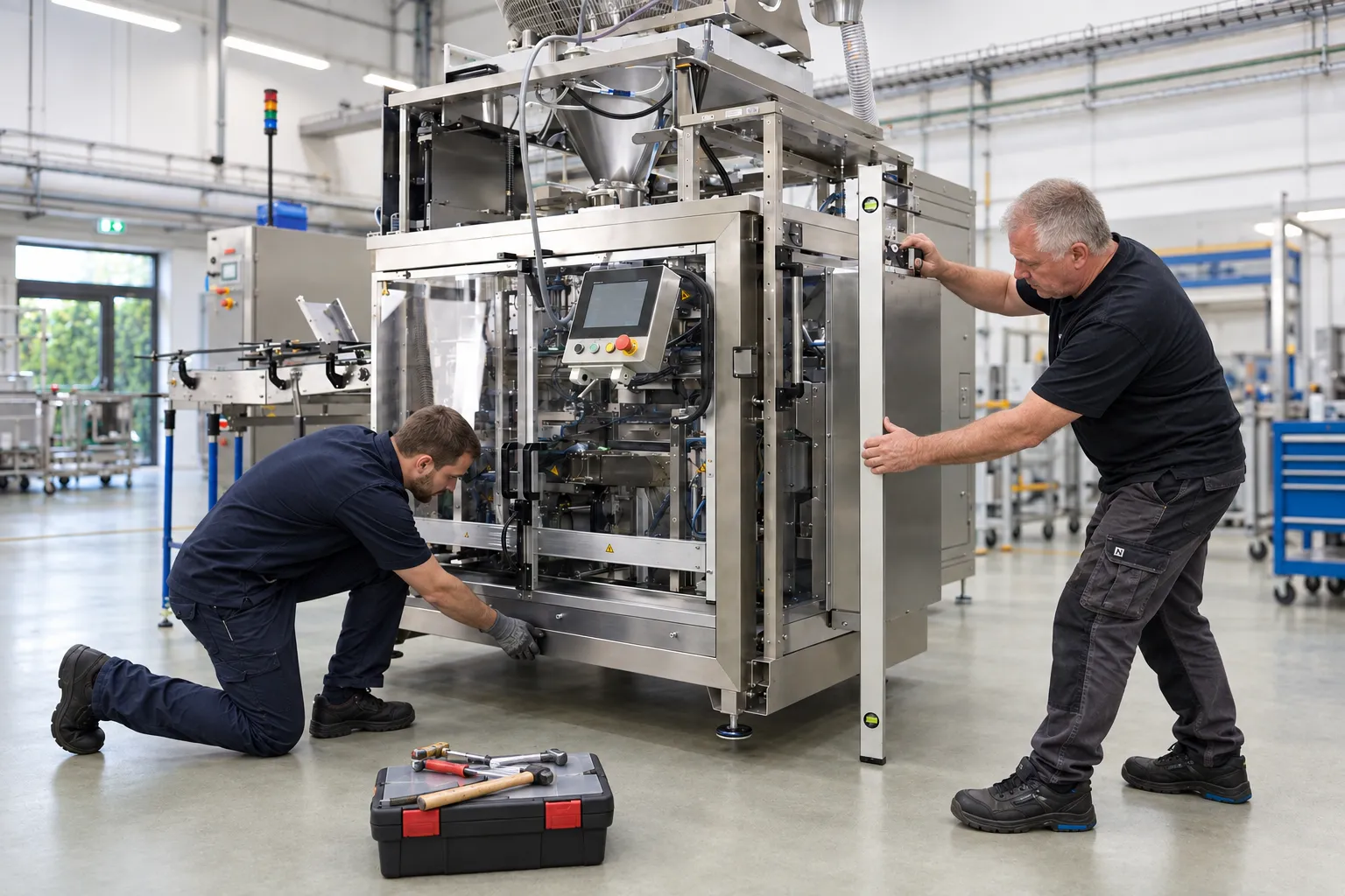 Installation d’une machine dans un atelier de production industrielle